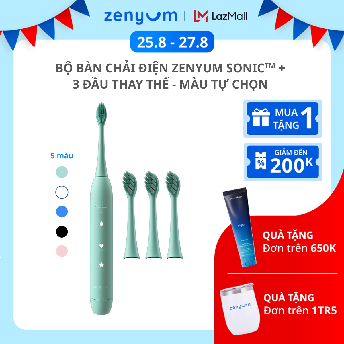 Bộ Bàn Chải Điện Zenyum Sonic + 3 Đầu Thay Thế - Màu Tự Chọn