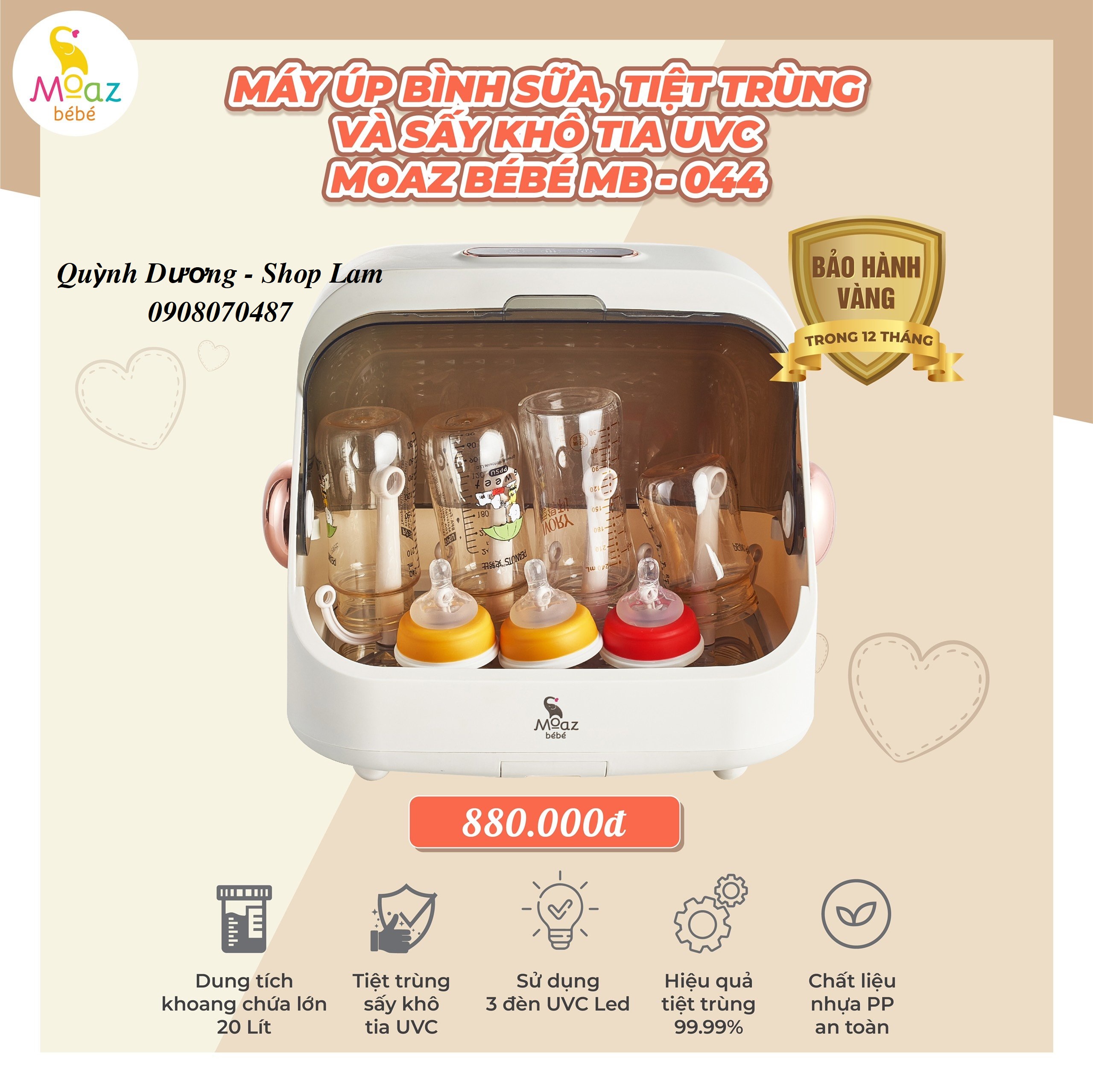 MÁY ÚP BÌNH SỮA, TIỆT TRÙNG SẤY KHÔ TIA UV-C MOAZ BÉBÉ MB-044