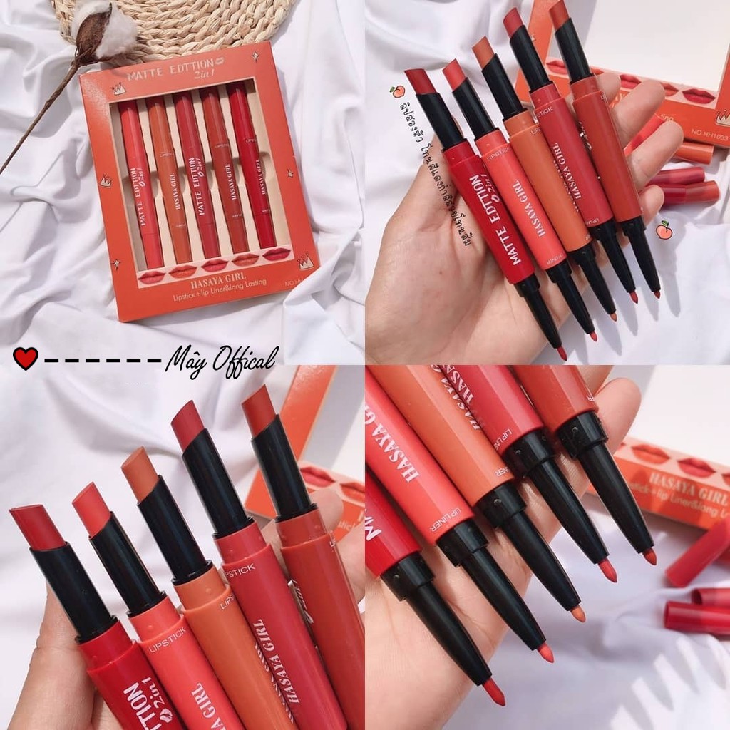 [HCM]Set son Thái Hasaya Matte Edttion 5 cây 2 in 1 son Hasaya 2 đầu (1 đầu thỏi + 1 đầu chì môi) hộp son 5 cây Hasaya nhiều màu hộp son Hasaya 5 cây nhiều màu
