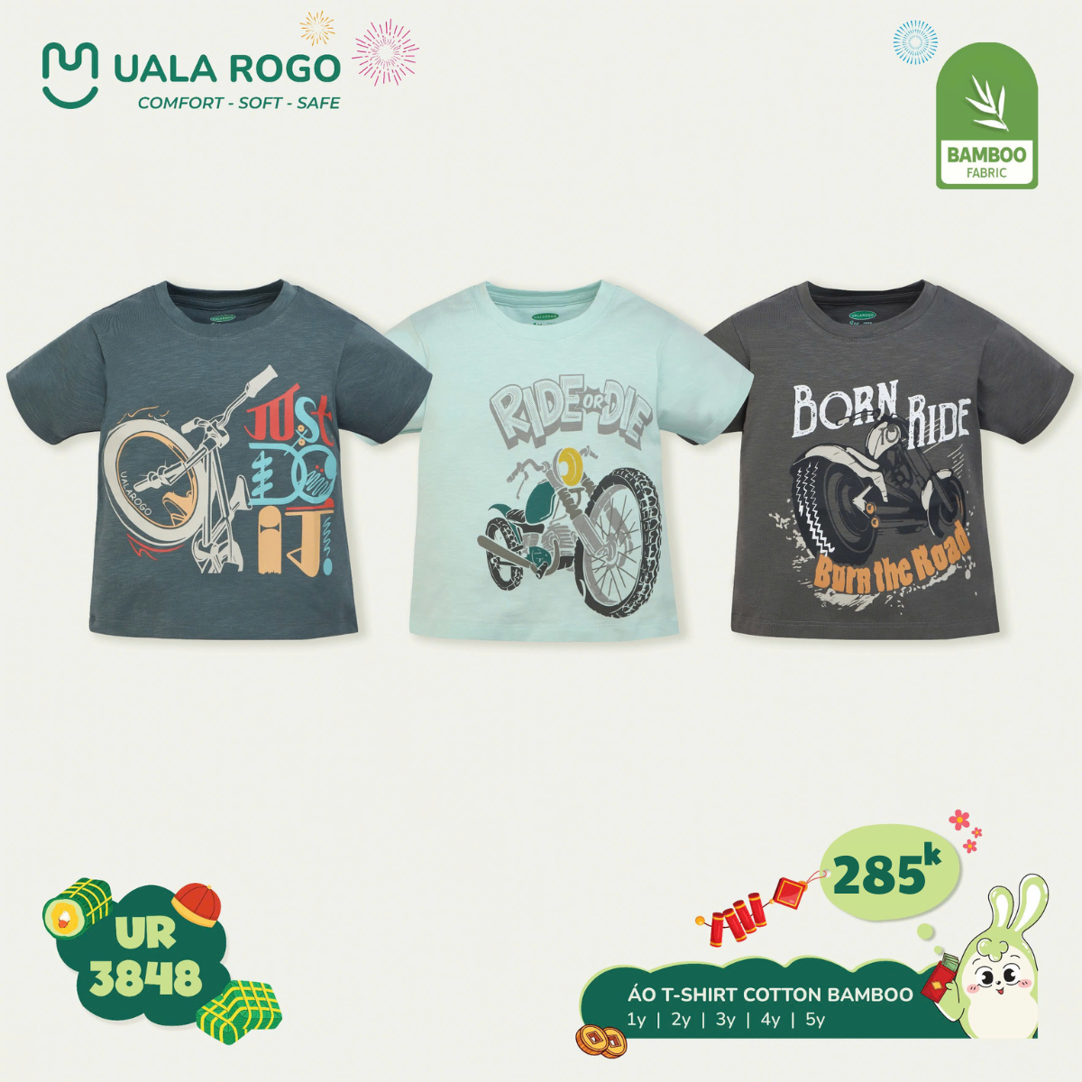 Áo cộc tay bé trai Ualarogo 1-5 tuổi vải Cotton Bamboo mềm mịn co giãn thoáng khí 3848