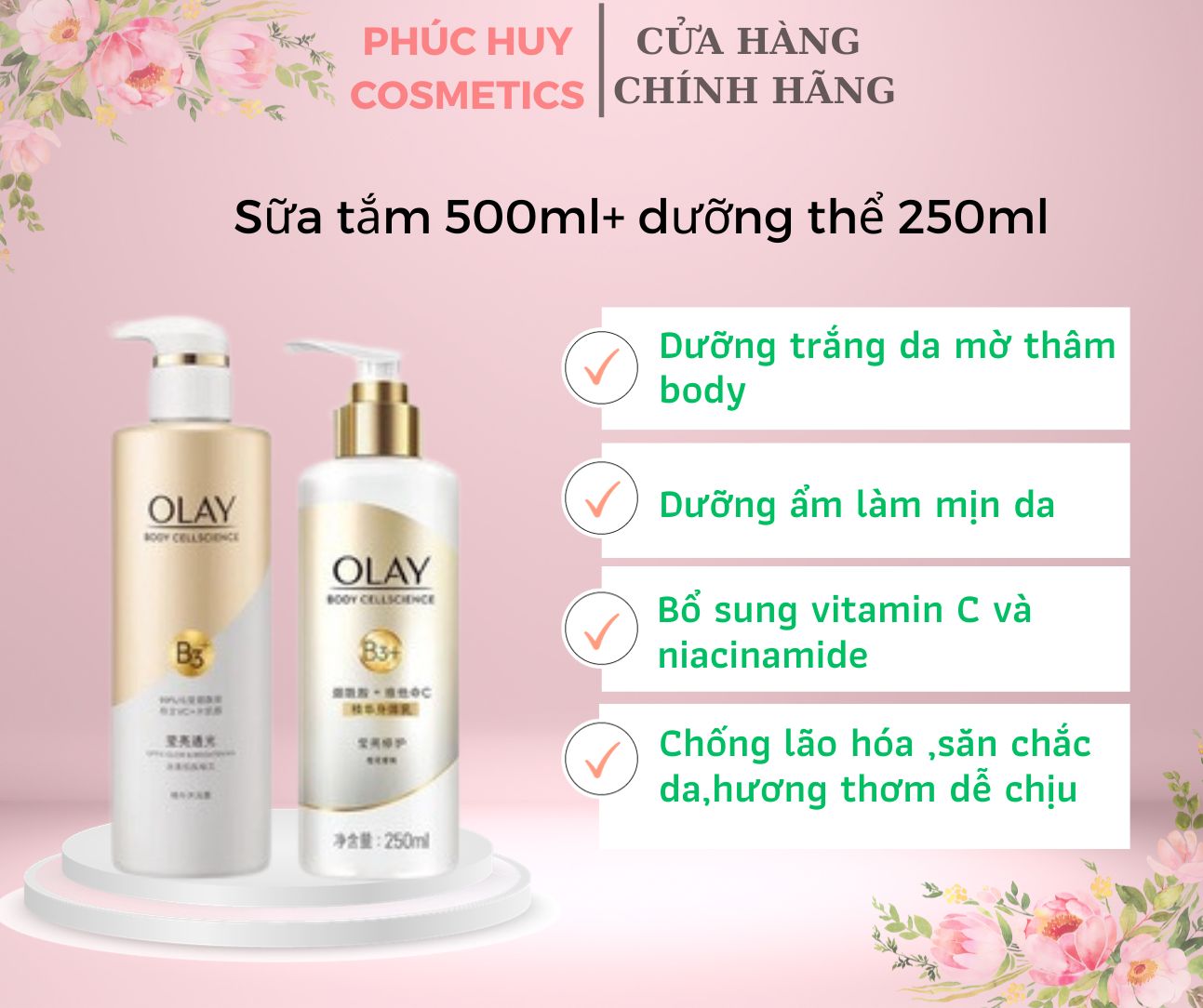 Combo sữa tắm và sữa dưỡng thể olay b3 vitamin c