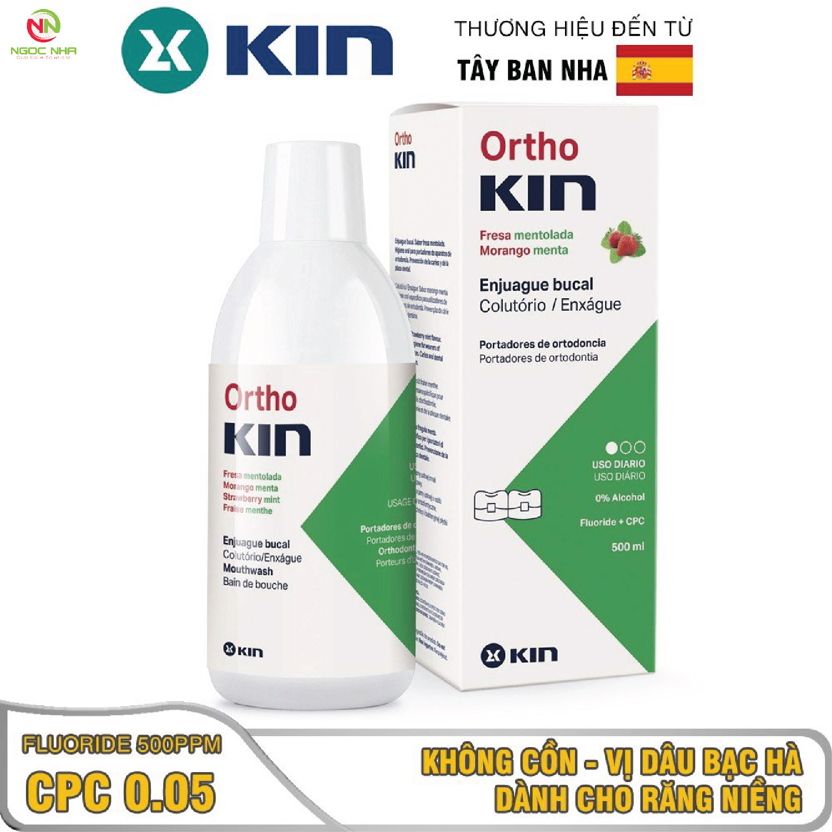 Nước súc miệng Ortho Kin 500ml cho răng niềng, răng chỉnh nha/ Tây Ban Nha