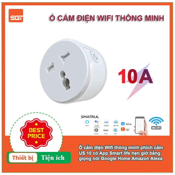 Ổ Cắm Thông Minh Wifi Tuya Smart 10A, Ổ Cắm Hẹn Giờ Điều Khiển Từ Xa SmartLife 2200W Điều Khiển Qua Phần Mềm Tuya Smart Hoặc SmartLife, Ổ Cắm Điện Tuya Thông Minh Wifi