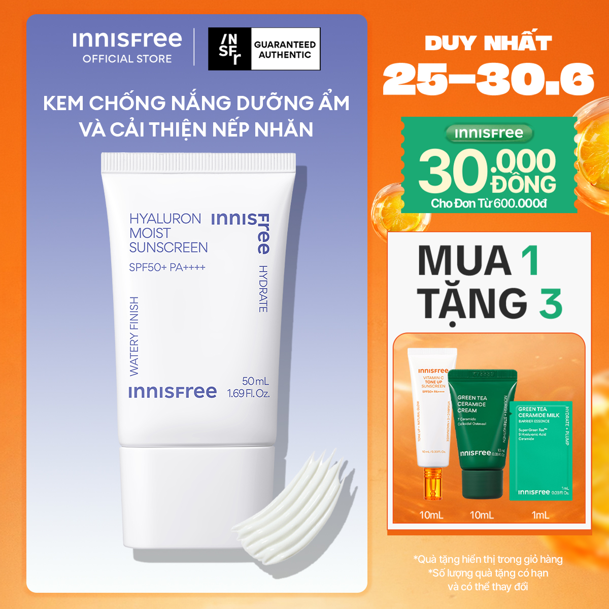 Kem chống nắng dưỡng ẩm INNISFREE Hyaluron Moist Sunscreen SPF50+ PA++++