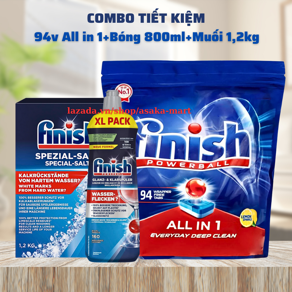 Viên rửa bát Finish All in one hương chanh 94 viên + Muối Finish 1,2kg + Bóng Finish 800ml dùng cho máy rửa bát máy rửa