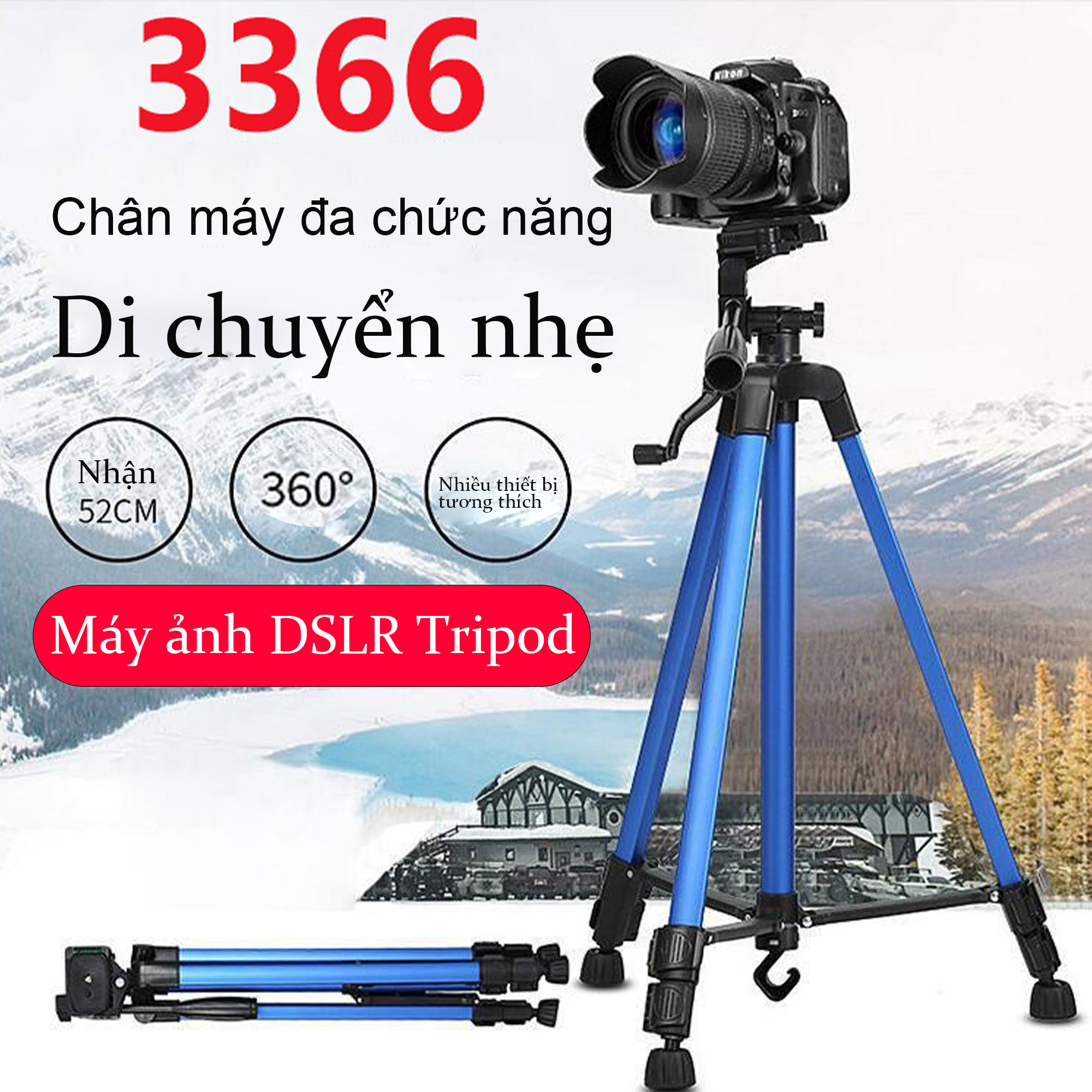 Gậy Tripod 3 chân cho điện thoại và máy ảnh 3366 dài 1m50 Thân Nhôm cao cấp