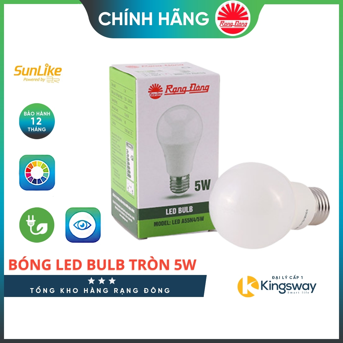 Bóng Đèn Rạng Đông Chính Hãng Led BULB A Tròn A55N4/5w, Đuôi E27 - Ánh Sáng 3000K, 6500K S