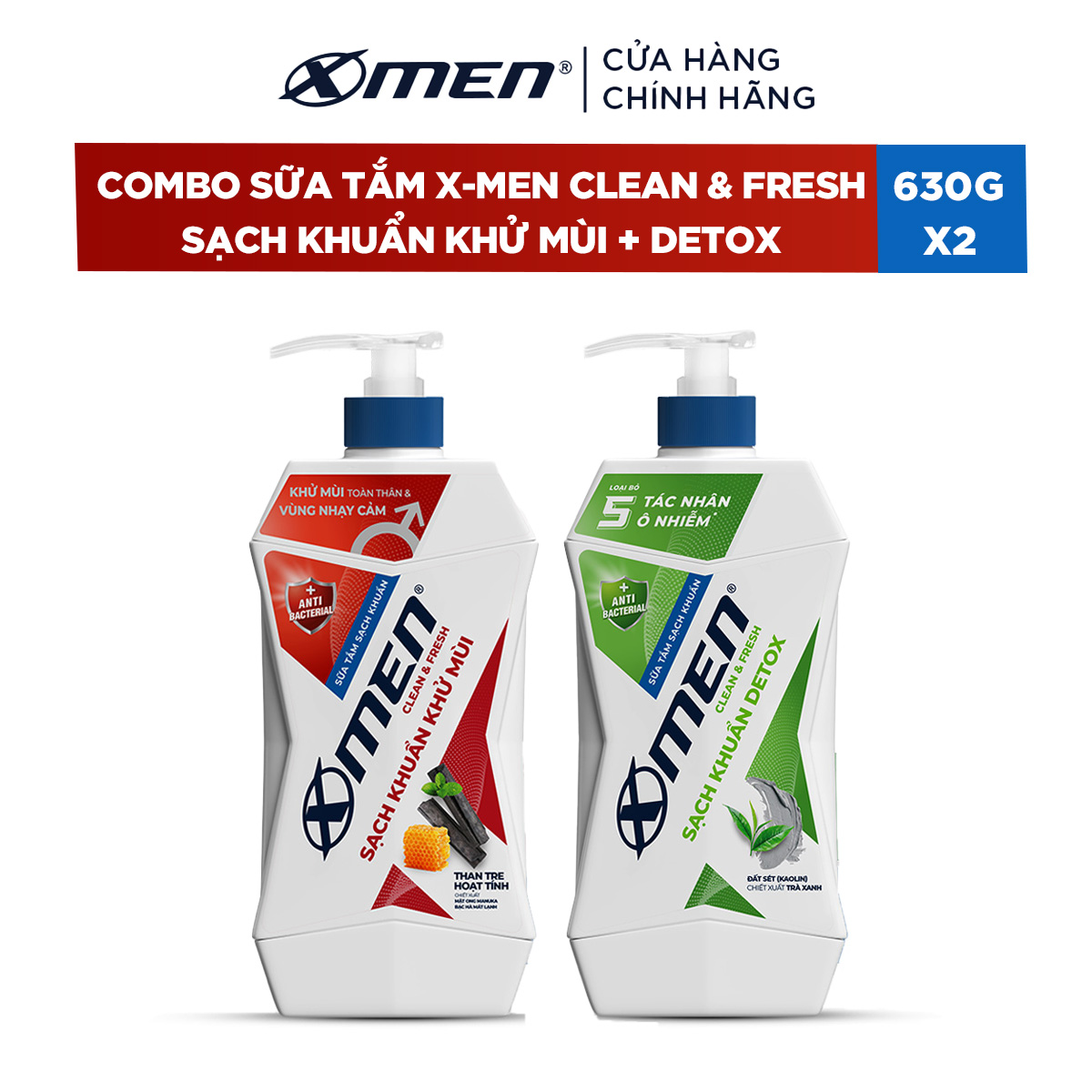 Combo Sữa Tắm XMEN Clean & Fresh Sạch Khuẩn Khử Mùi 630G Sữa Tắm XMEN Clean & Fresh Sạch Khuẩn Detox 630G