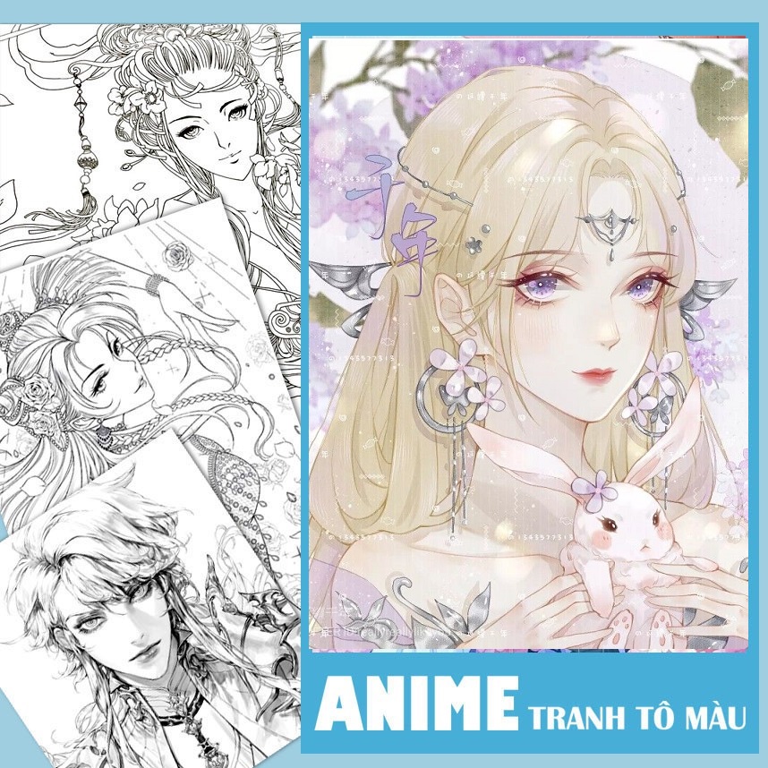 Bộ tranh tô màu chì, nước Anime khổ A4- Lineart