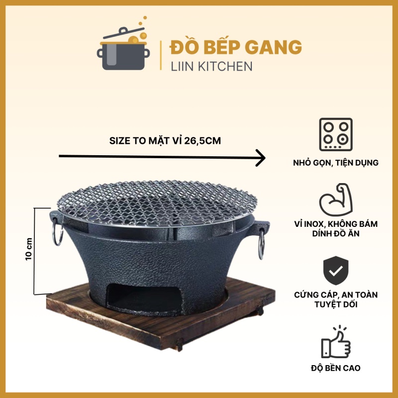 Bếp nướng than hoa, bếp gang nướng thịt, bếp cồn nướng BBQ kèm vỉ nướng inox nhỏ gọn LIINKITCHEN