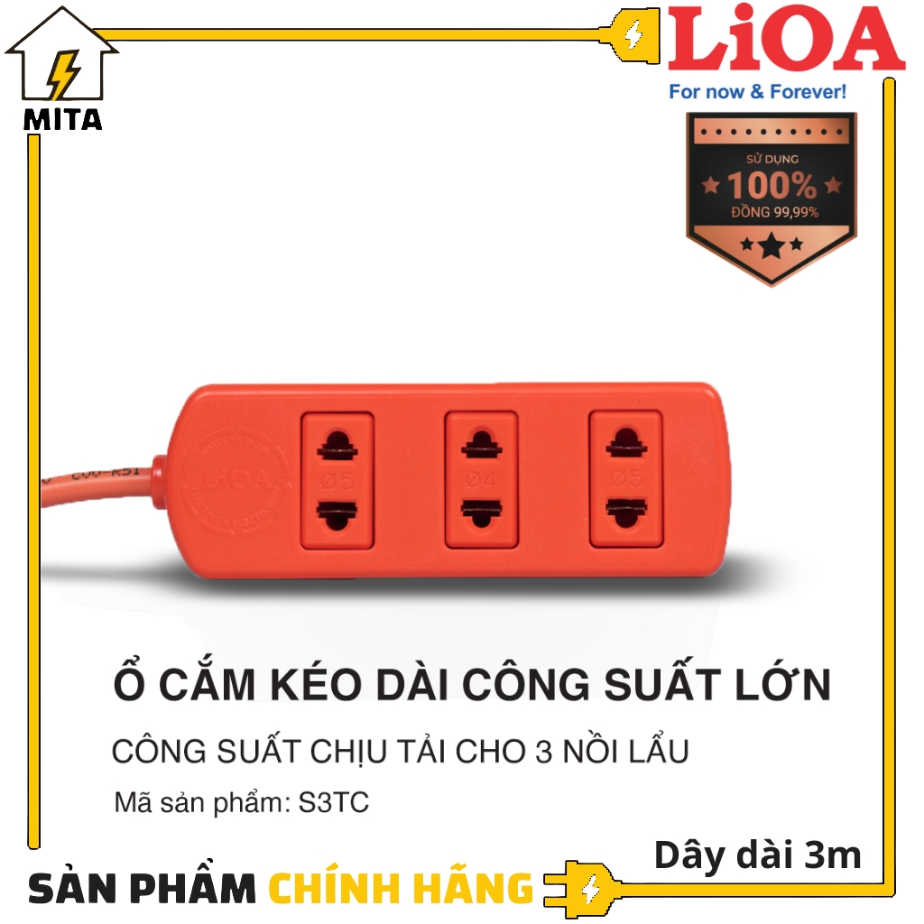 Ổ Cắm Điện LiOA 3 Ổ Công Suất Lớn Chịu Tải 3 Nồi Lẩu S3TC 3m