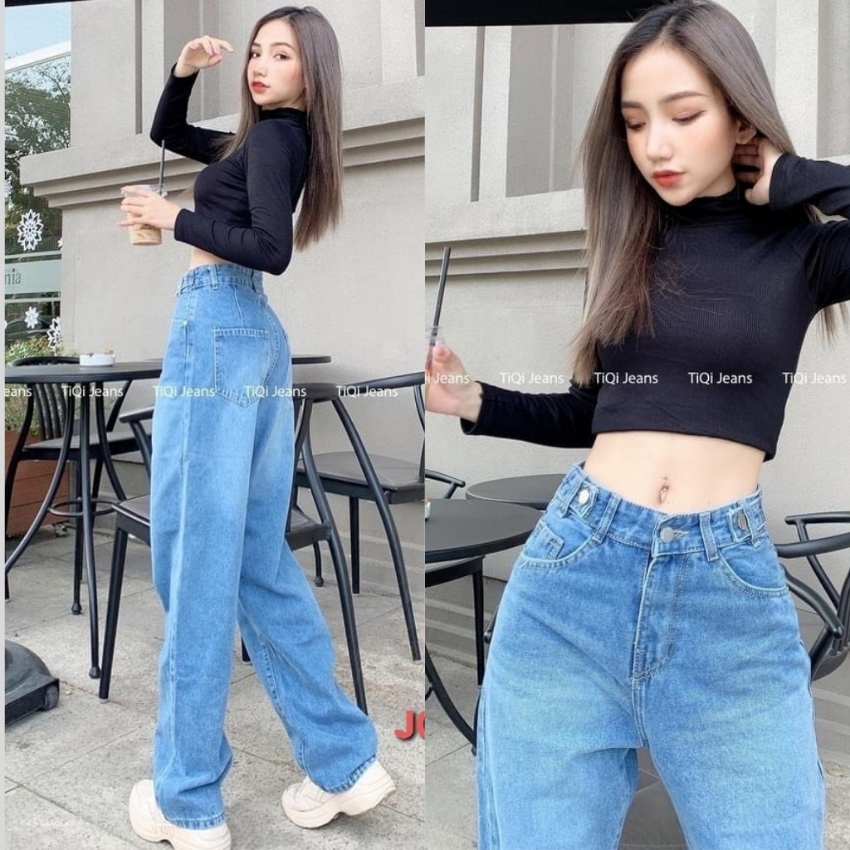 Quần Jean Nữ Ống Rộng Lưng Cao Q07 lưng bản to phối kèm 4 nút dáng suông dài qua chân, chất jean dày dặn ko co giãn, chiều dài 105cm size SML 55kg quay đầu