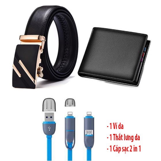 Bộ 3 Thắt lưng da nam MP02 - Ví da nam thời trang tặng Cáp sạc nhanh 2 in 1 cho cả iphone vs androi, combo thắt lưng da 2vx tặng kèm ví sep và cáp sạc nhanh 2 đầu tiện lợi
