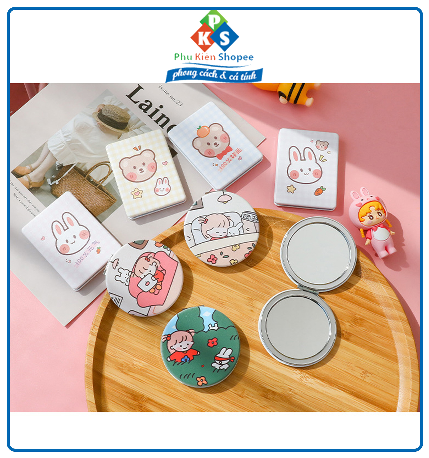Gương cầm tay mini 2 mặt bỏ túi chắc chắn, Gương cầm tay mini Hàn Quốc siêu cute