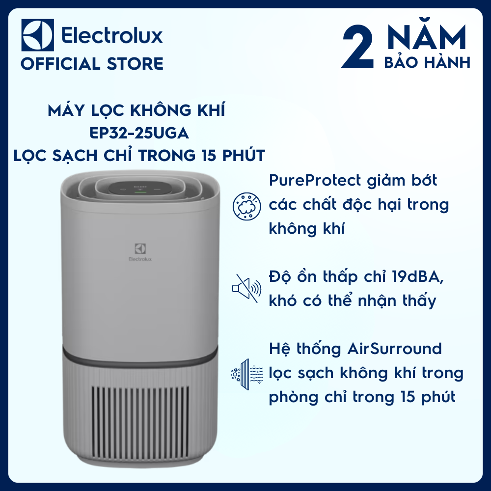 [MỚI] Máy lọc không khí Electrolux EP32-25UGA - phòng 30m2 - Bộ lọc 4 lớp diệt 99.99% vi khuẩn & bụi mịn, lọc sạch không khí chỉ trong 15 phút