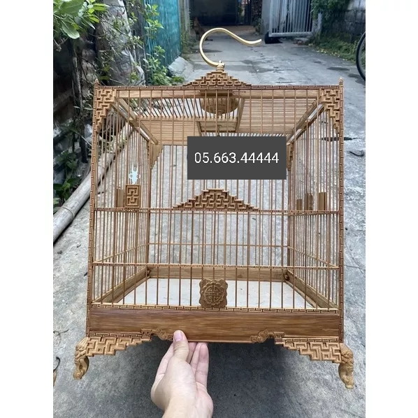 Lồng chim chào mào Vuông Đấu Tre Già hàng kỹ Triện T. Rộng 37cm, 21 nan. Phụ kiện lồng Quang Tuân