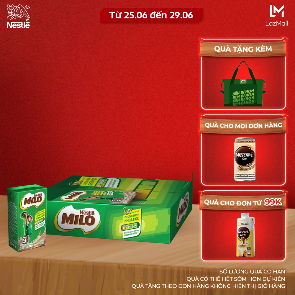 [Quà tặng tháng 06 - Mua 1 tặng 1 Túi du lịch bền bỉ][Giao hàng toàn quốc] Thùng 48 Hộp Sữa lúa mạch Nestlé® MILO® 180ml