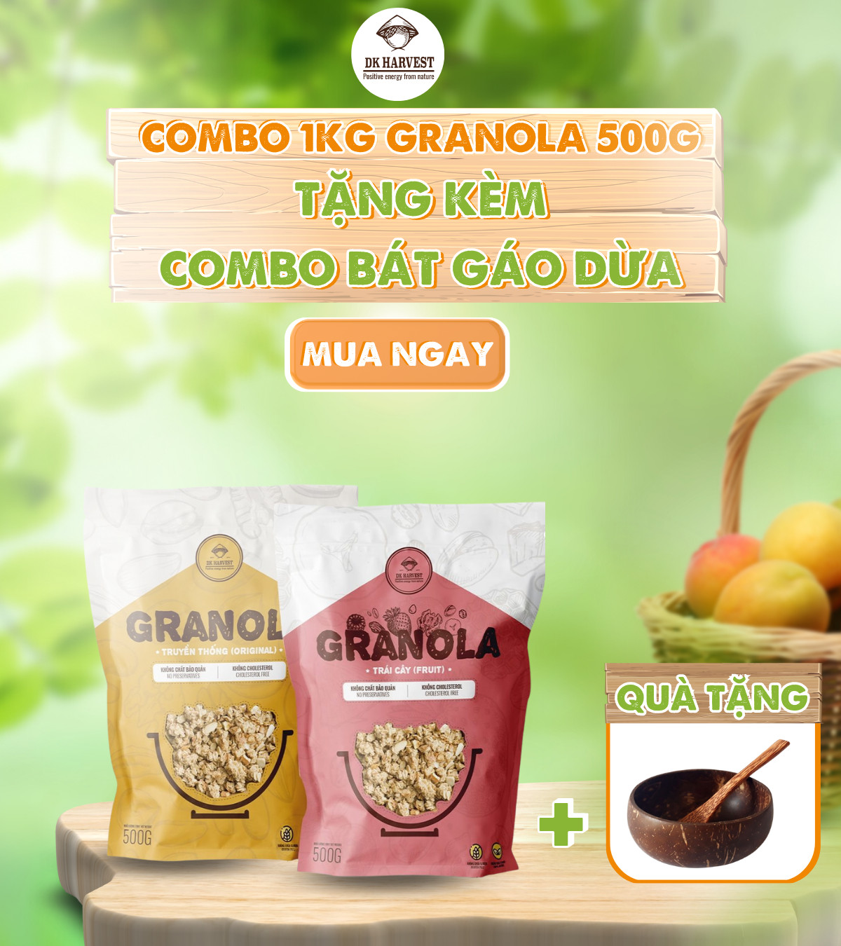 Combo 1kg Granola Siêu hạt DK Harvest - tặng kèm 1 bộ bát gáo dừa