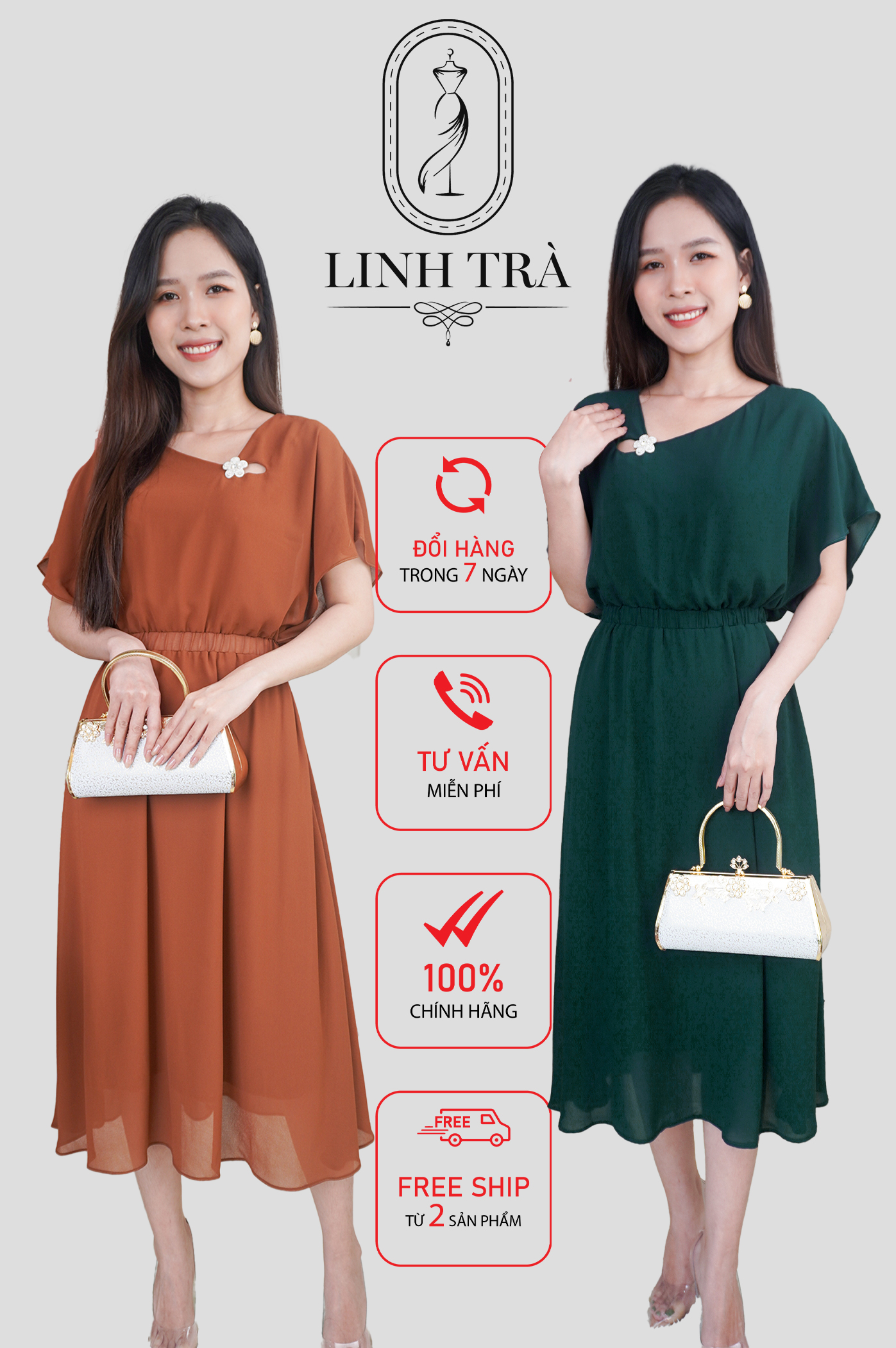 Linh Trà - Đầm Trung Niên Dáng Dài [TM 221] Cao Cấp Vải Voan Chiffon Tay Ngắn Cho Mẹ U40 U50