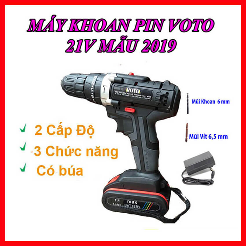 Máy khoan pin Voto 21V cầm tay có búa đảo chiều 2 tốc độ, Máy Khoan bắn vít 21V mẫu 2019