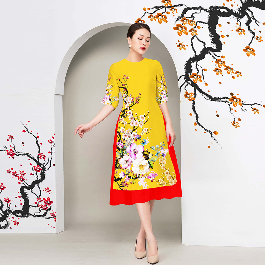 Áo dài cách tân in 3D cành đào ngày tết siêu dễ thương AD019 - Khánh Linh Style - Lady Fashion