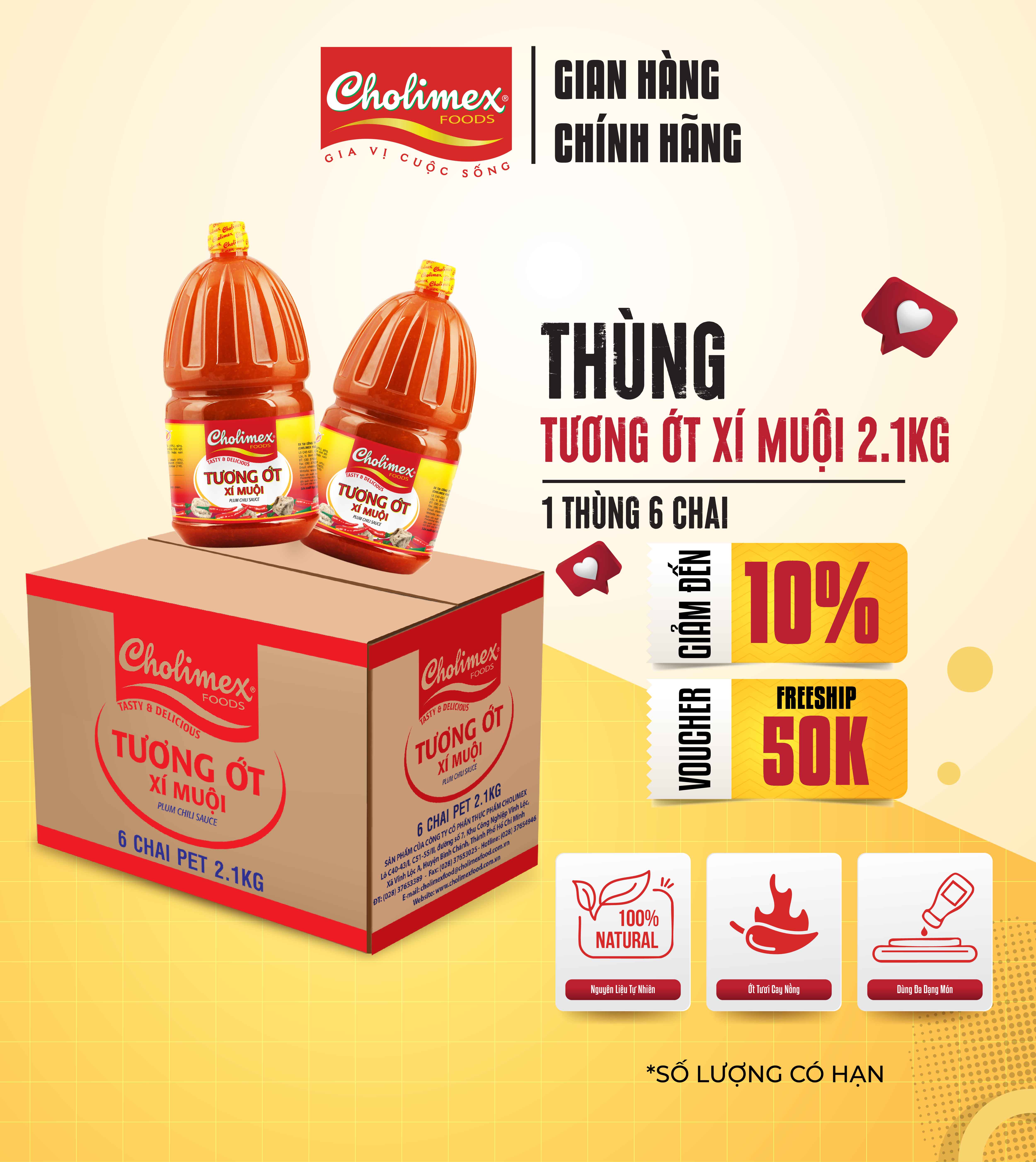 Thùng Tương Ớt Xí Muội Cholimex Chai PET 2.1kg ( 6 Chai/Thùng) Tiện Lợi Cho Nhà Hàng, Quán Ăn