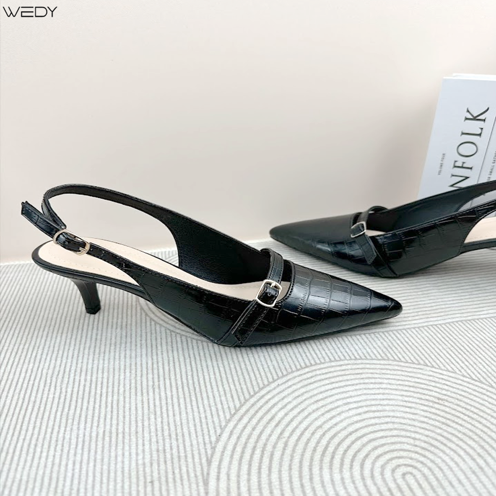 Giày cao gót bít mũi da vân rắn 5 phân, giày cao gót dáng slingback sang trọng wd2328