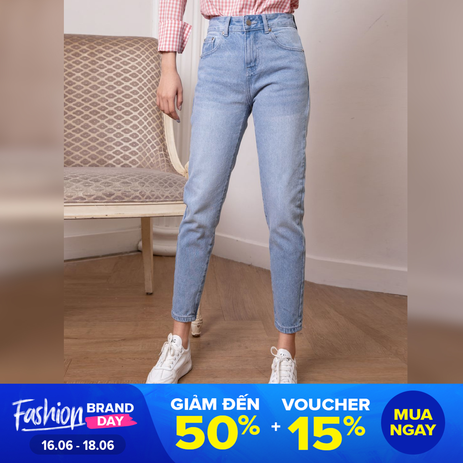 Quần jean nữ MASARA dáng BAGGY lưng cao màu XANH NHẠT chất JEAN CAO CẤP, BỀN MÀU, GIỮ PHOM theo thời gian