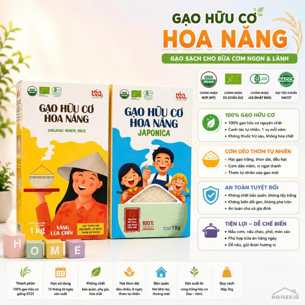 Gạo hữu cơ Hoa Nắng Vàng Lúa Chín hộp 1kg | 100% gạo hữu cơ | Hoa nắng vàng | Hộp 1kg | An toàn thực phẩm | Thơm ngon dinh dưỡng