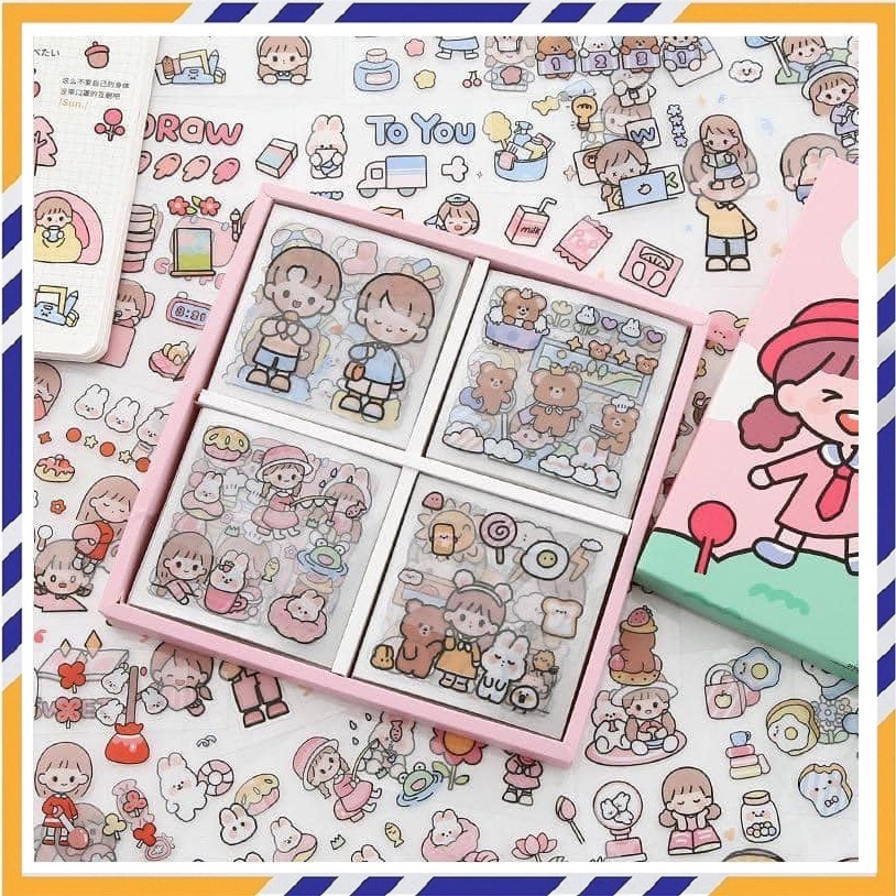 Hộp sticker 100 tấm mebaubong sticker cute khoảng 100 miếng nhỏ dán sách vở hộp bút cốc laptop