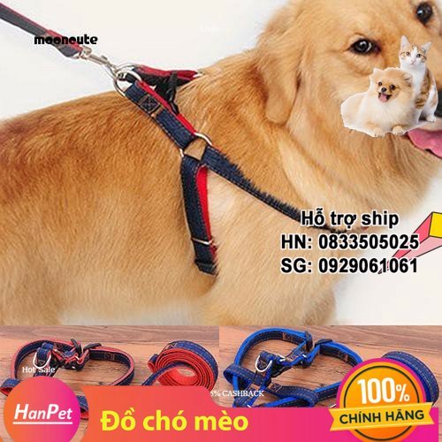 Hanpet - Dây dắt chó kèm đai yếm - dây dắt vải bò / vải jean - dây dắt chó yên ngựa yếm ngực / xích chó vải bò / dắt mèo/ xích mèo / xích thú cưng / dây dắt thú có yếm ngực / dây dắt chó giá rẻ rẻ