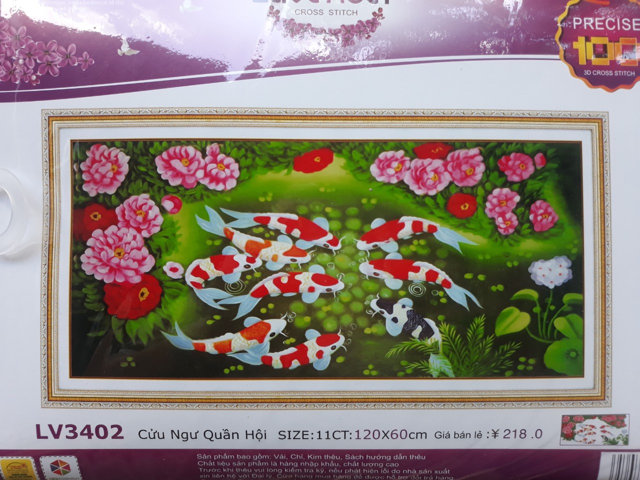 Tranh thêu chữ thập cá chép hoa mẫu đơn LV3402 kích thước 120*60