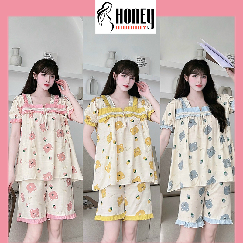 Bộ bầu cộc tay mùa hè chất đũi họa tiết xinh xắn dễ thương mặc ở nhà ht2706 honey mommy