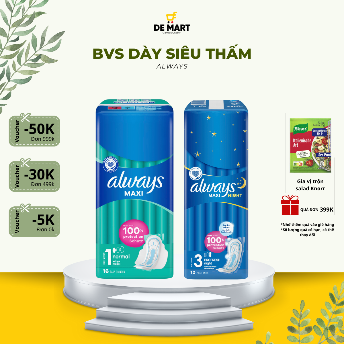 Băng vệ sinh dày, mặt lưới thấm hút cả ngày và đêm, ALWAYS MAXI đủ size