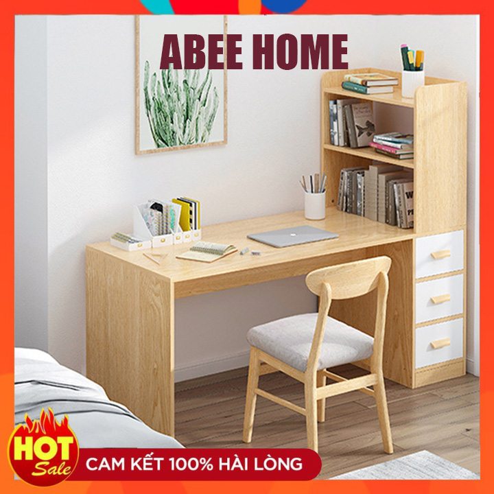 Bàn Làm Việc 1m4 Tại Nhà Kèm Kệ Sách Gỗ Cao Cấp - Bàn Học Có Ngăn Kéo Để Đồ Cất Giữ Tài Liệu Màu Nâu Và Màu Kem BAH008-P