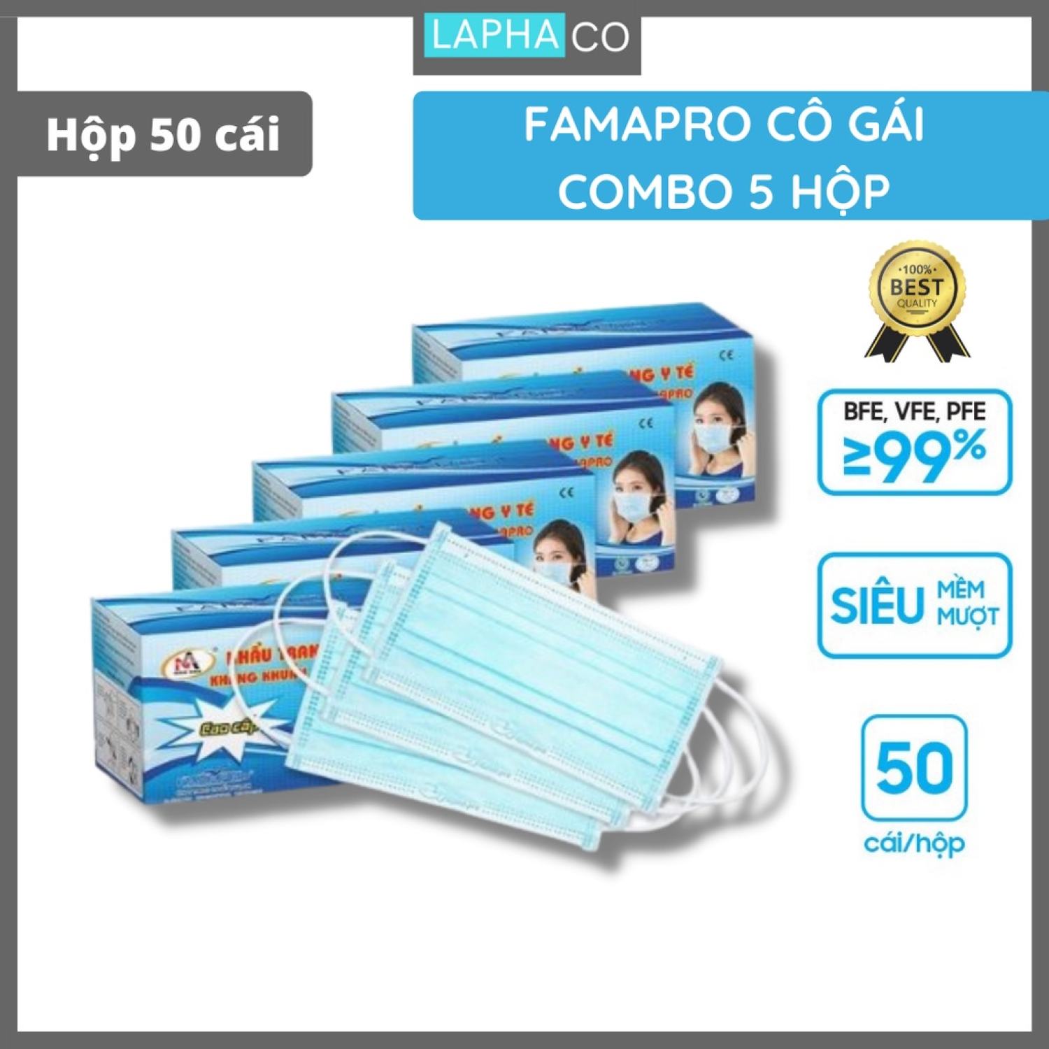 Combo 5 hộp khẩu trang y tế 4 lớp kháng khuẩn Famapro Cô gái ( 50 cái/ hộp)