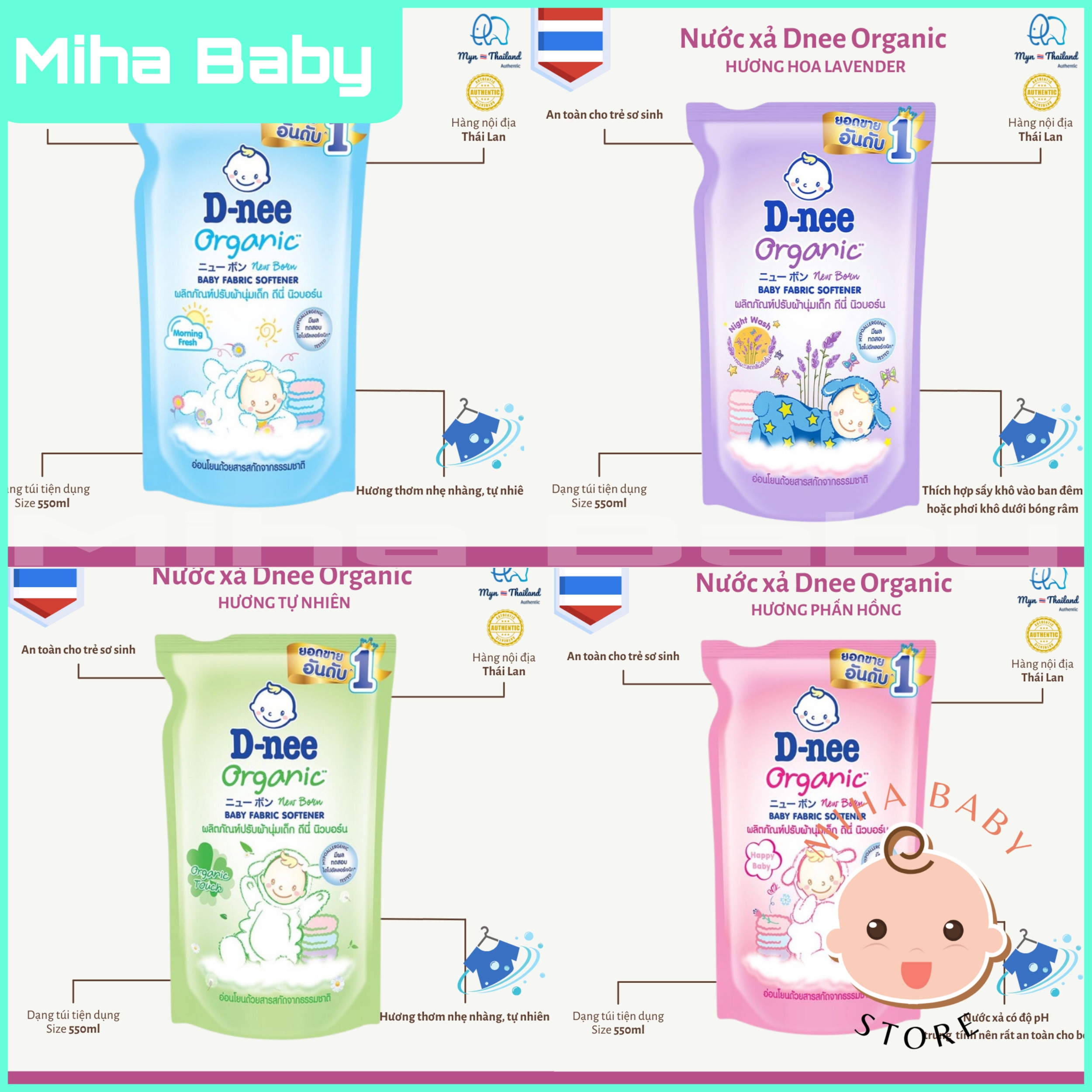 NƯỚC Xả vải Dnee Organic 550ml, 1150ml thích hợp cho trẻ sơ sinh và trẻ nhỏ, mùi thơm tự nhiên, mềm vải Shop Miha Baby