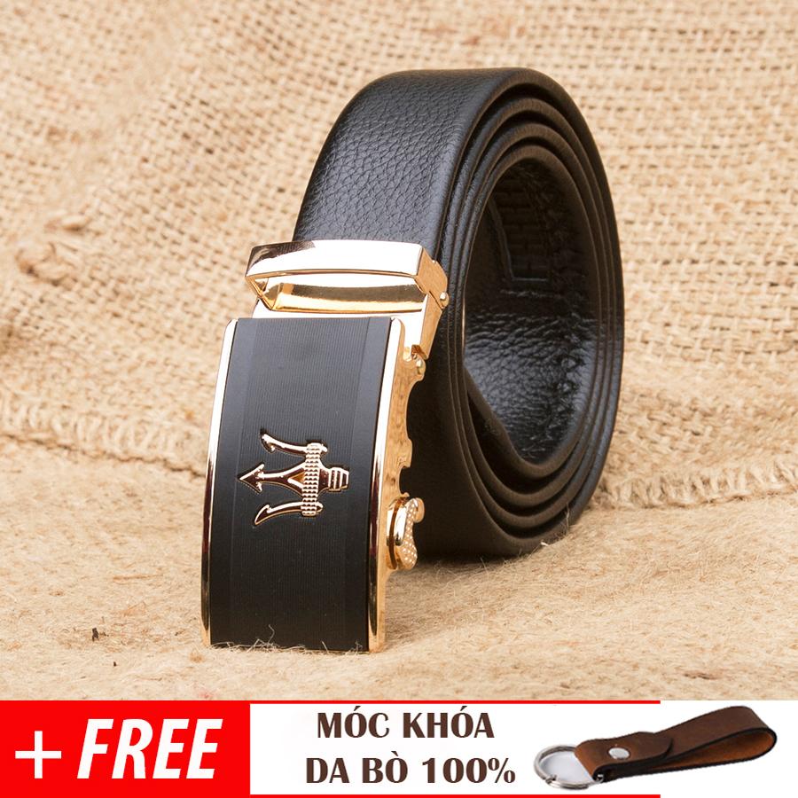 Thắt lưng nam, dây nịt nam da bò manzo 255 mặt maserati đẳng cấp, tặng móc chìa khóa da bò - bảo hành 2 năm