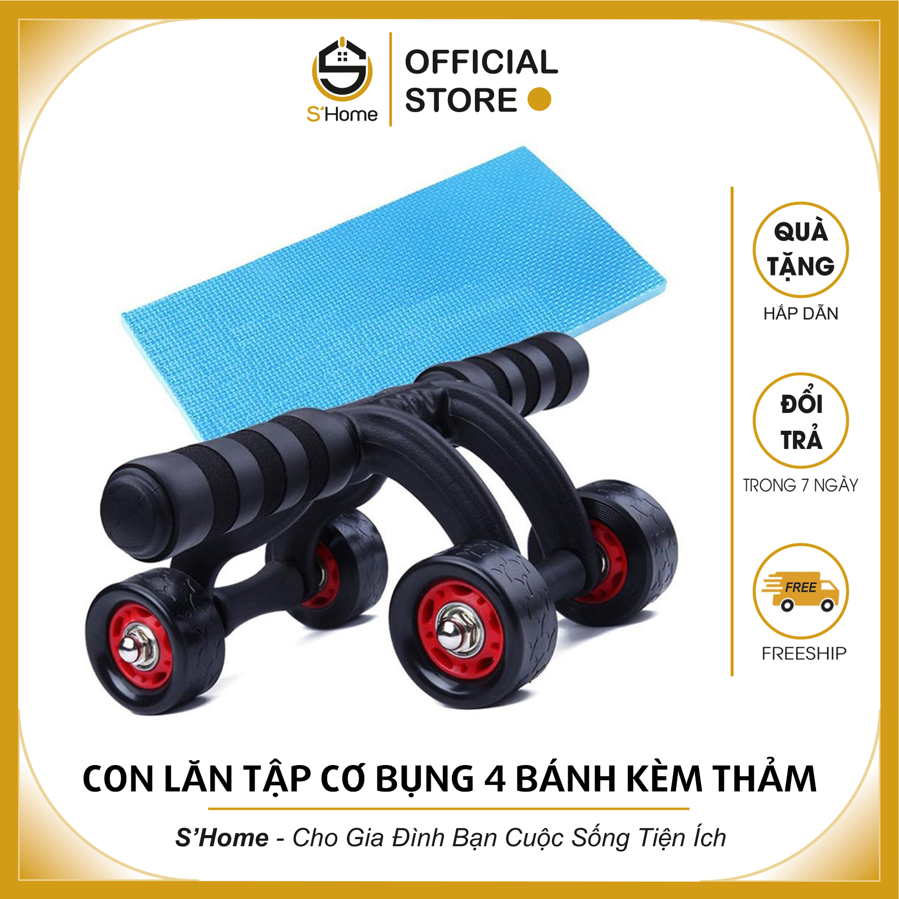 Con Lăn Tập Bụng, Dụng Cụ Tập Bụng 4 Bánh Kèm Thảm Gối, Dụng Cụ Tập Thể Dục Tại Nhà Giúp Săn Chắc Cơ Bụng, An Toàn, Tiện Lợi – S'Home