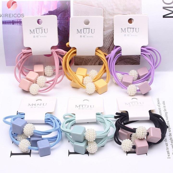 Set 3 dây cột tóc 2 hạt vuông tròn đính hạt nhiều màu - màu ngẫu nhiên