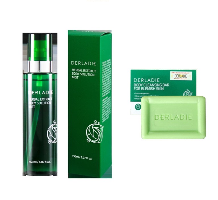 Bộ Đôi Giảm Mụn Mờ Thâm Body Derladie Herbal Extract Body Solution Mist và Xà Phòng Derladie Cleansing Bar For Blem
