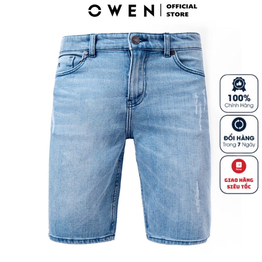 Quần short jean nam cao cấp owen sj220262 quần sooc bò ngố đùi màu xanh nhạt vải denim cao cấp dáng slim fit ôm vừa