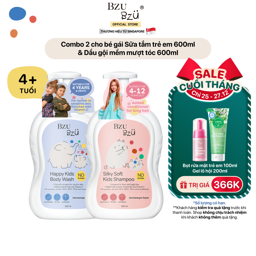Combo 2 Cho Bé Gái BZU BZU Sữa Tắm Trẻ Em Làm Sạch Dịu Nhẹ 600ML & Dầu Gội Mềm Mượt Tóc 600ML