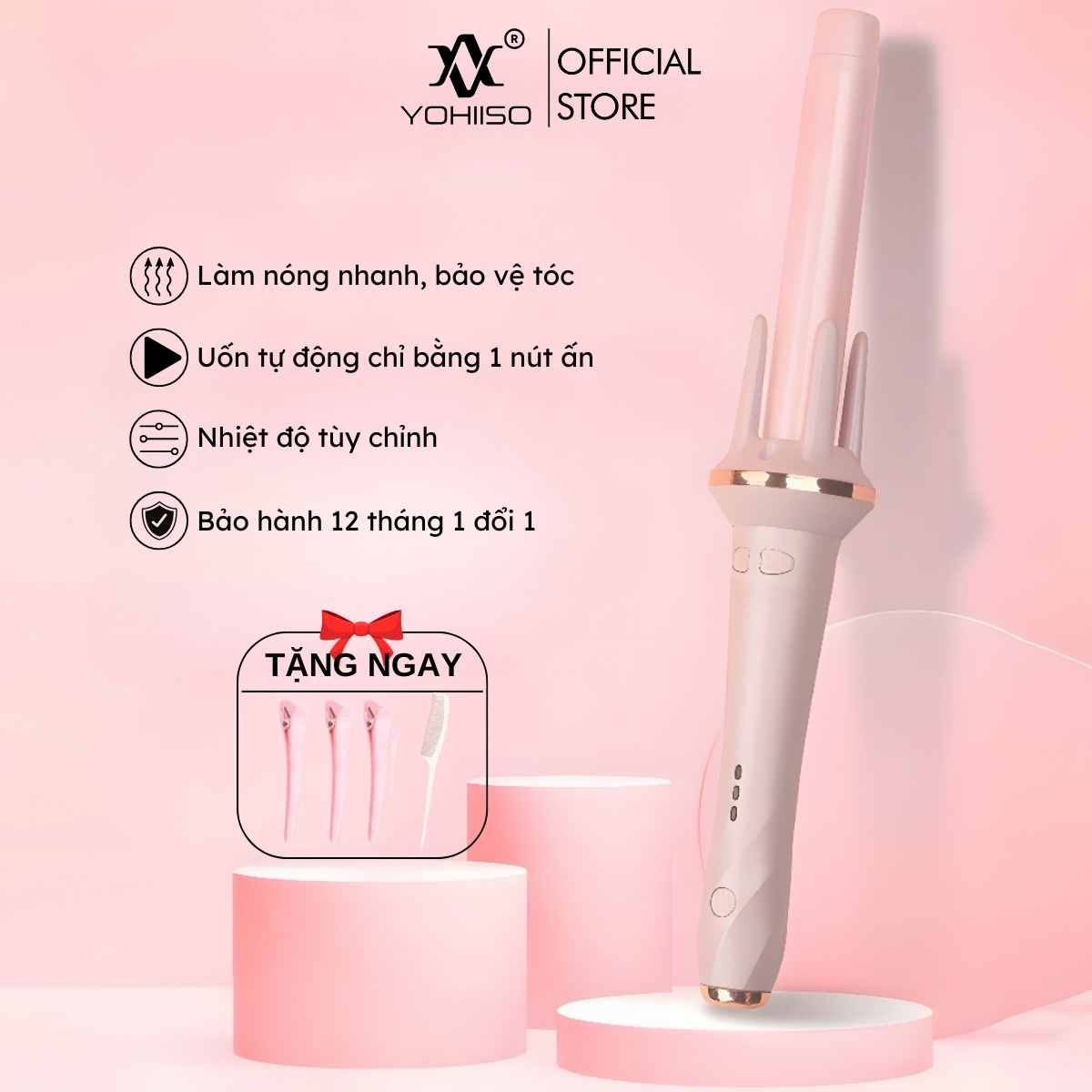 Máy uốn tóc tự động 360 uốn tóc gợn sóng, máy làm xoăn tóc phủ gốm tourmaline cao cấp tùy chỉnh nhiệt độ