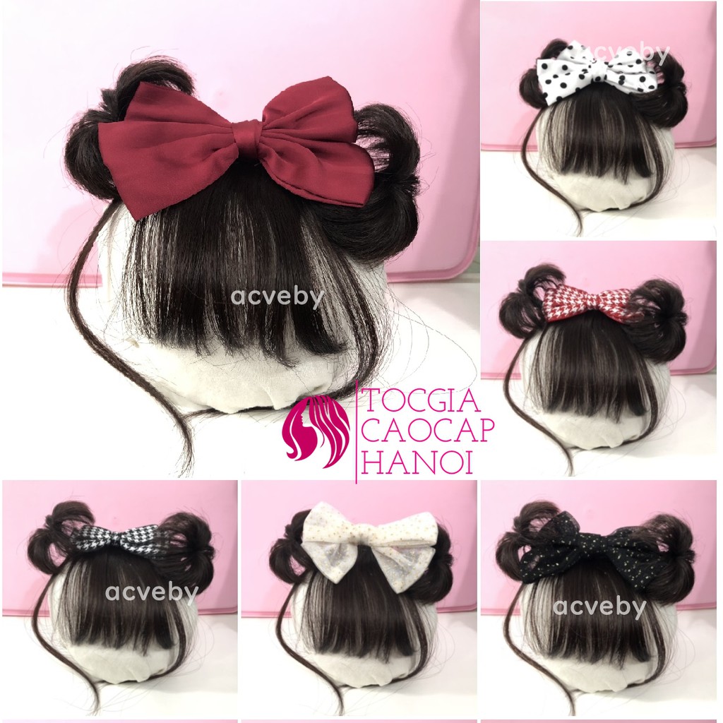[Ảnh thật] Tóc giả cho bé ❤️ Set Búi Natra+Mái thưa có gắn nơ dạng băng đô chun tiện dụng(link 1/3)