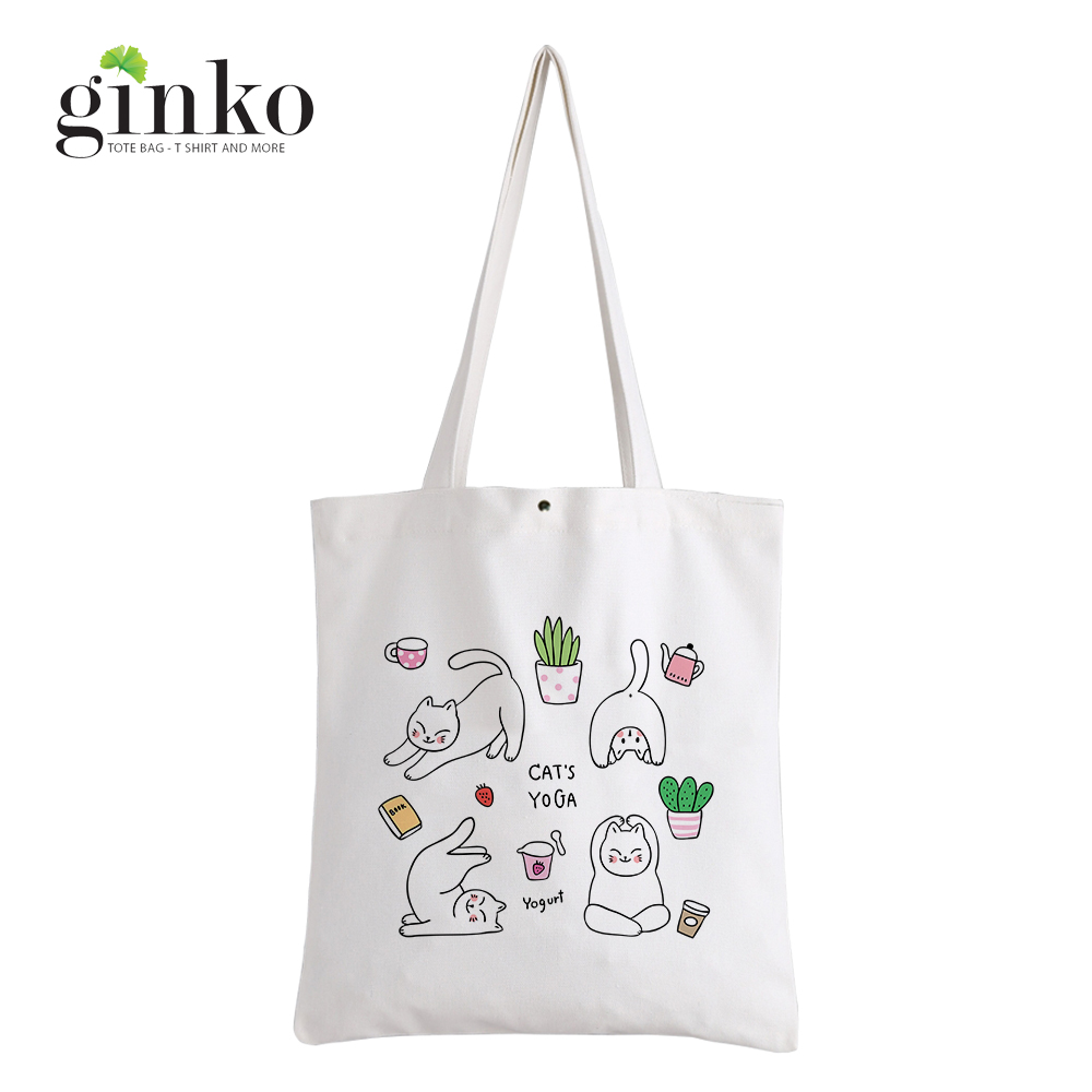 Túi Vải Tote GINKO Kiểu Basic Dây Kéo In Hình Yoga Cats