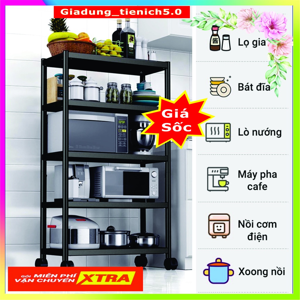 Kệ Đen INOX Để Đồ Nhà Bếp Lò Vi Sóng Nồi Cơm Điện.... CAO CẤP Có Bánh Xe Sơn Đen CHỐNG HAN GỈ