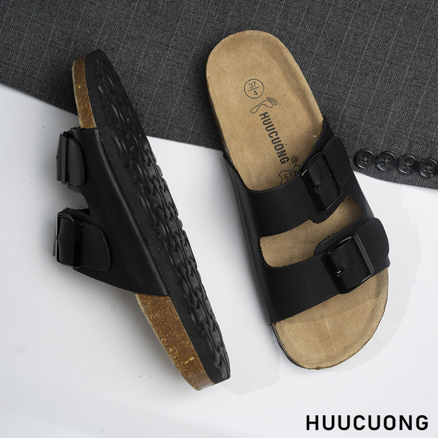 Dép Sandal Nam Nữ - 2195 - Dép 2 Khóa Da Bò Thật Màu Đen Đế Trấu Unisex [Đi Nước Thoải Mái] Thoáng Mát Nhẹ Êm Chân