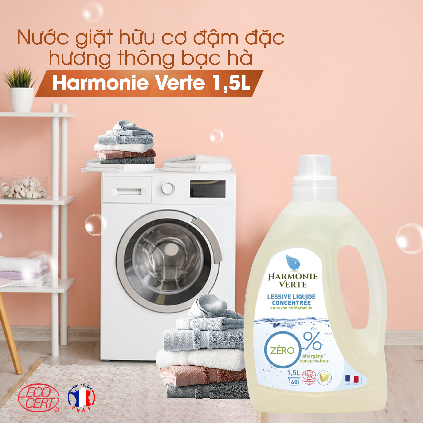 Nước giặt sinh học đậm đặc bạc hà Harmonie Verte - 1.5L