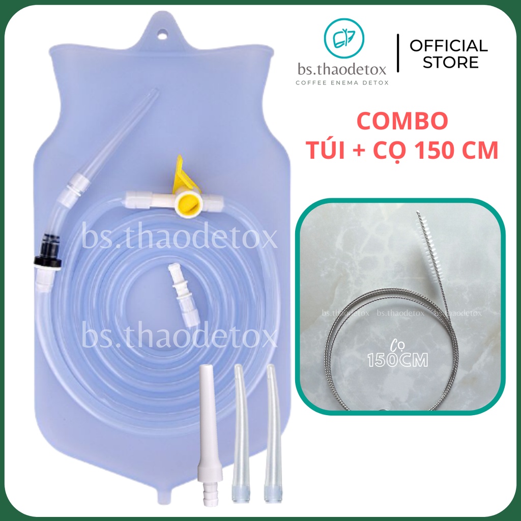 Bộ túi truyền silicone 2000ml + 1 cọ rửa ống 100cm thải độc cafe súc rửa ruột đại tràng coffee enema gerson